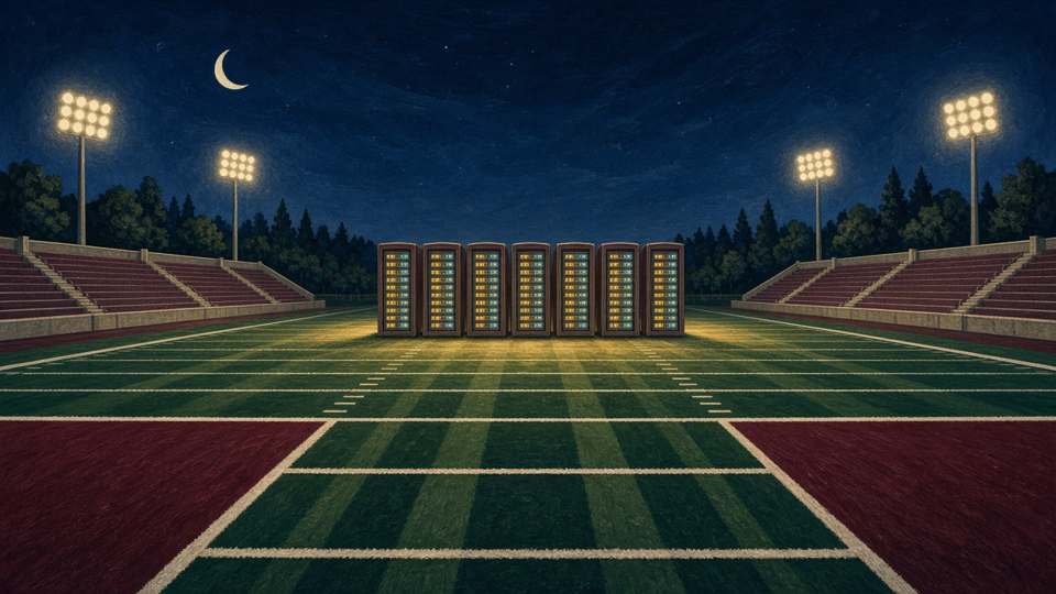 Football field at night with server racks on the 50-yard line