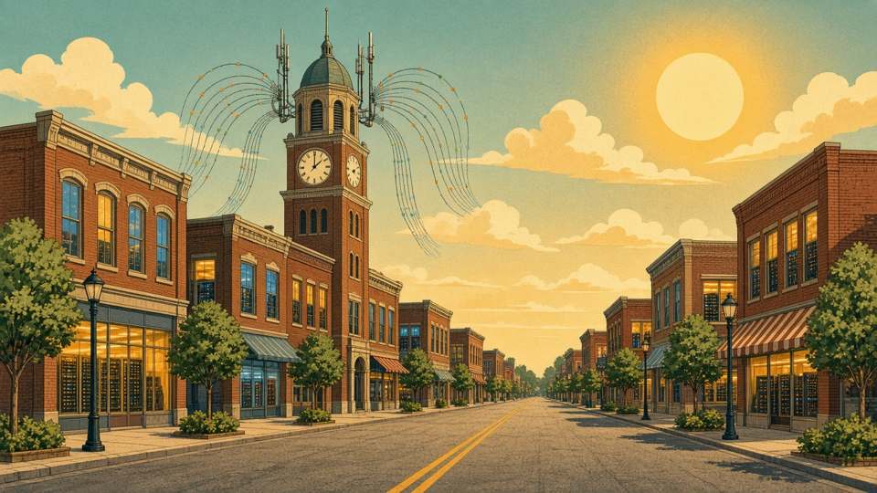 Main street storefronts with server racks in windows and a clock tower with antennas