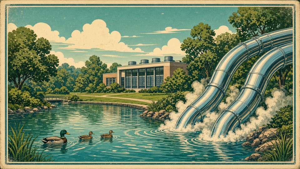 Park pond with large cooling pipes
