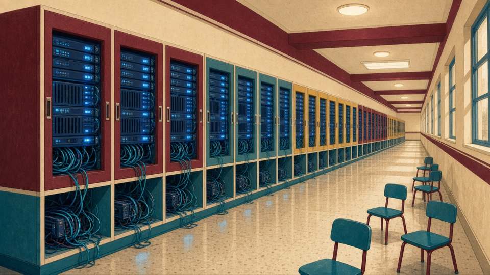 School hallway lined with glowing server racks in cubbies